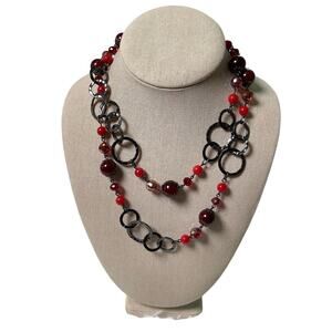Premier Designs Gunmetal Ring Chain Red Very Berry Beaded Necklace Edgy F14-8